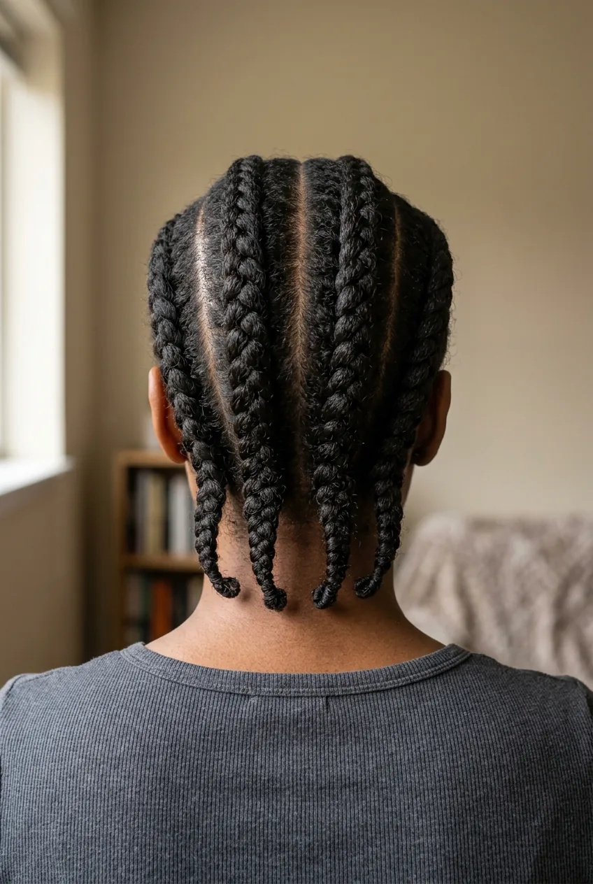 Four chunky straight-back cornrows on dense natural hair from rear view