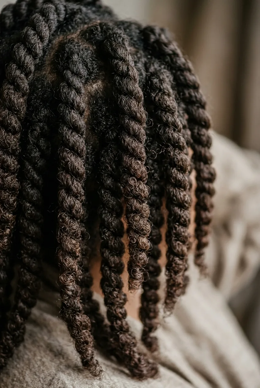 Chunky two-strand twist on thick curly dark hair showing enhanced natural curl pattern