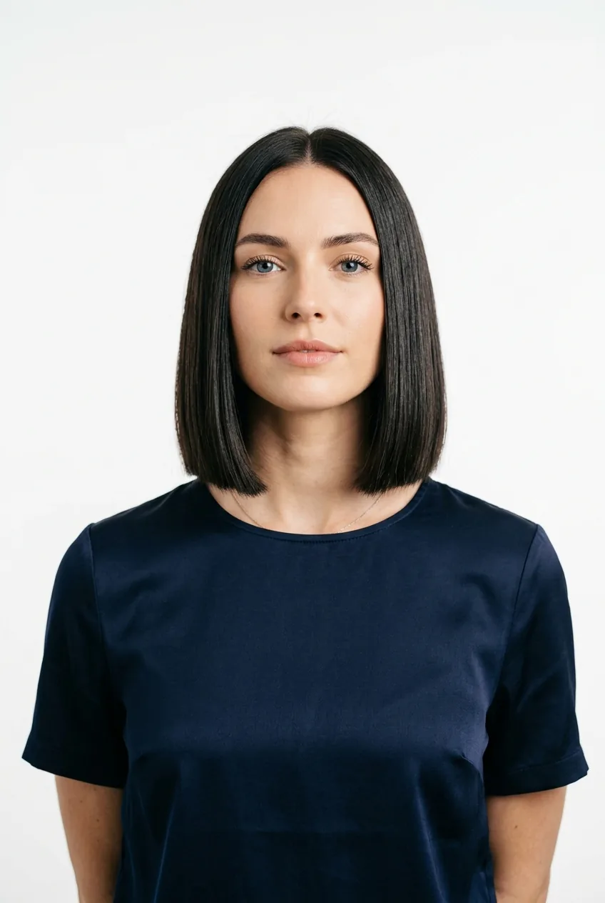 Woman with classic blunt bob haircut hitting between chin and shoulders