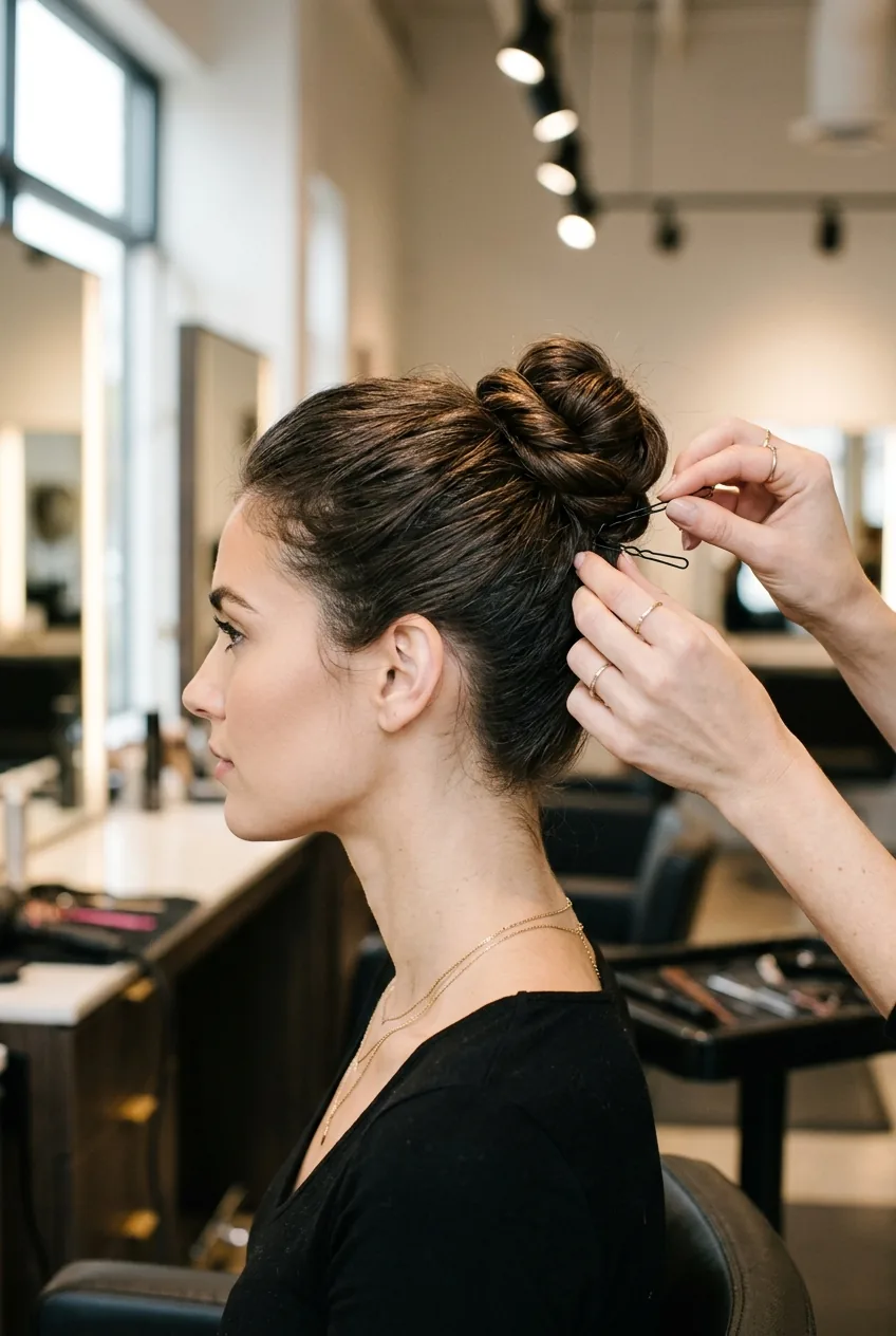 Classic bun formation at crown with bobby pins being strategically inserted into updo