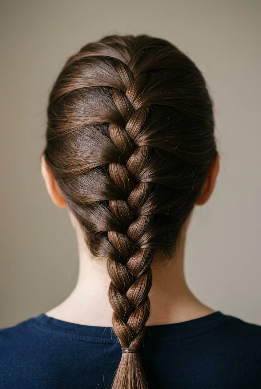 Brunette hair styled in classic center French braid demonstrating traditional three-strand technique