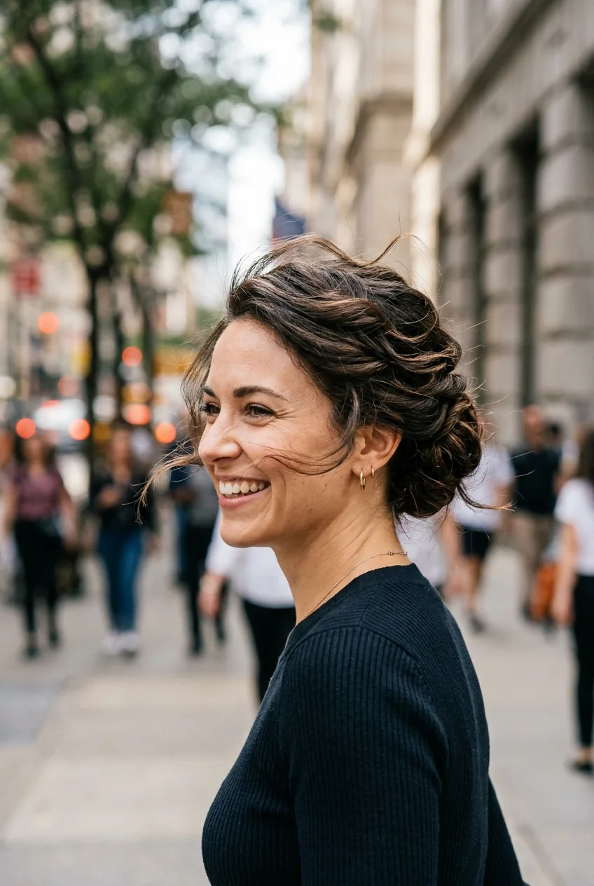 Woman with classic chignon showing modern asymmetrical placement details