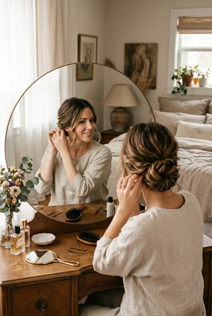 Woman creating classic chignon with textured finish at vanity mirror in bedroom setting