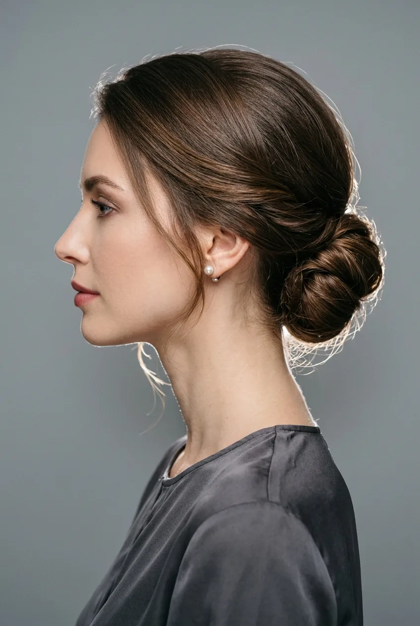 Woman with refined classic chignon positioned at nape of neck