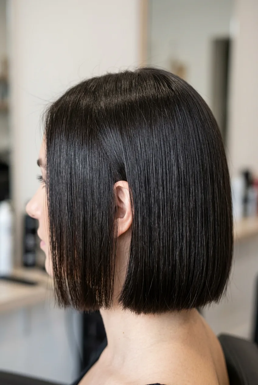Classic chin-length bob cut with sharp blunt edges and straight professional styling