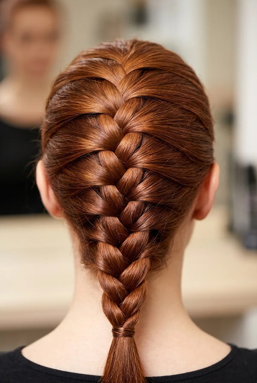 Classic French braid from crown to nape displaying smooth incorporated sections in auburn hair