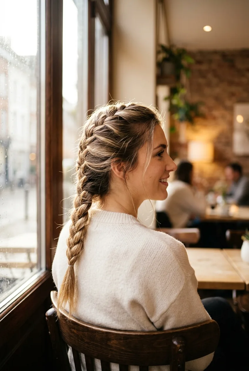 Woman with classic French braid showing tight weave pattern and smooth finish
