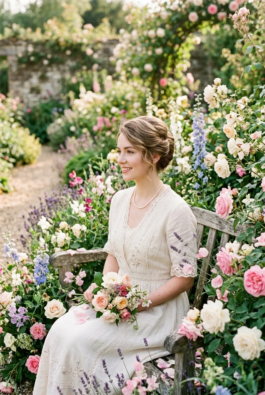 Woman with classic French roll hairstyle showing timeless elegant styling in garden flowers