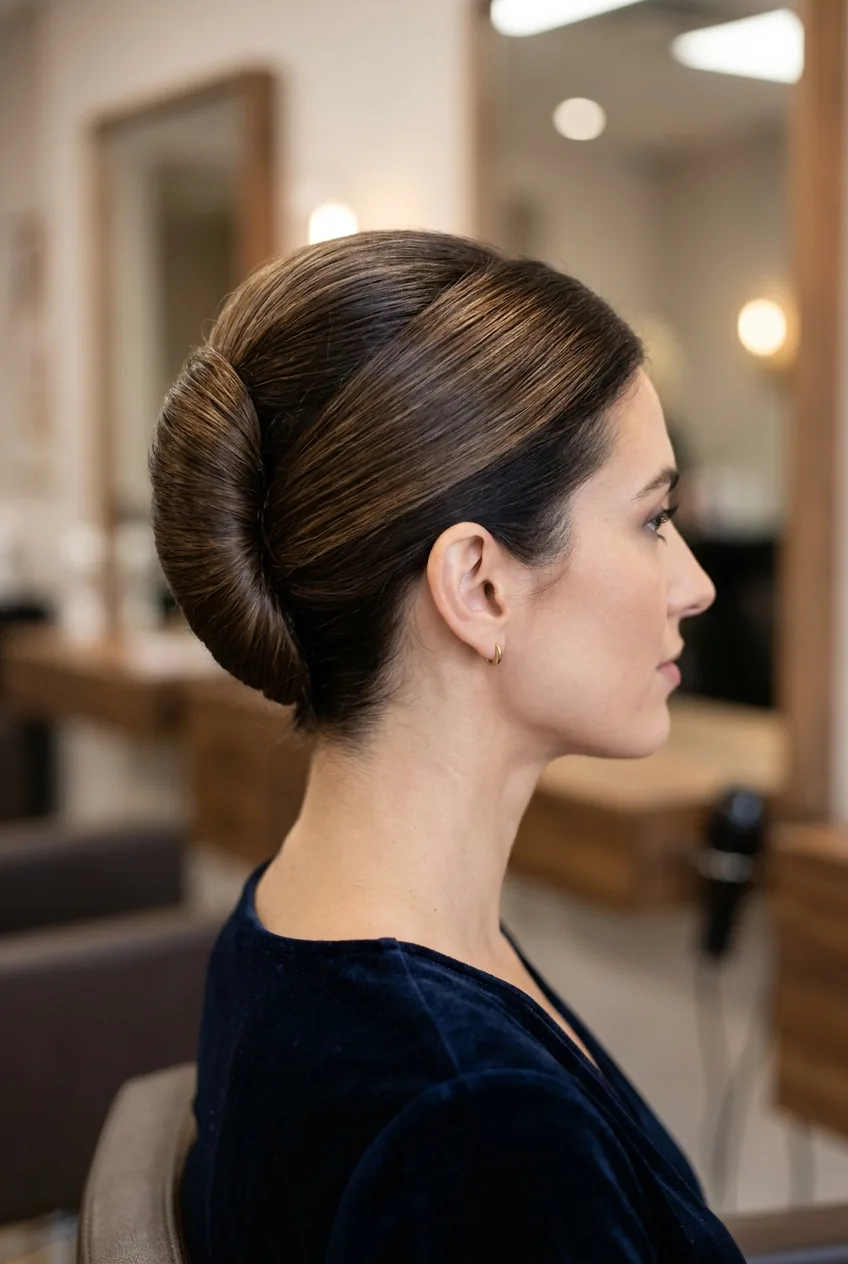 Classic French twist profile showing smooth vertical roll with professionally tucked ends