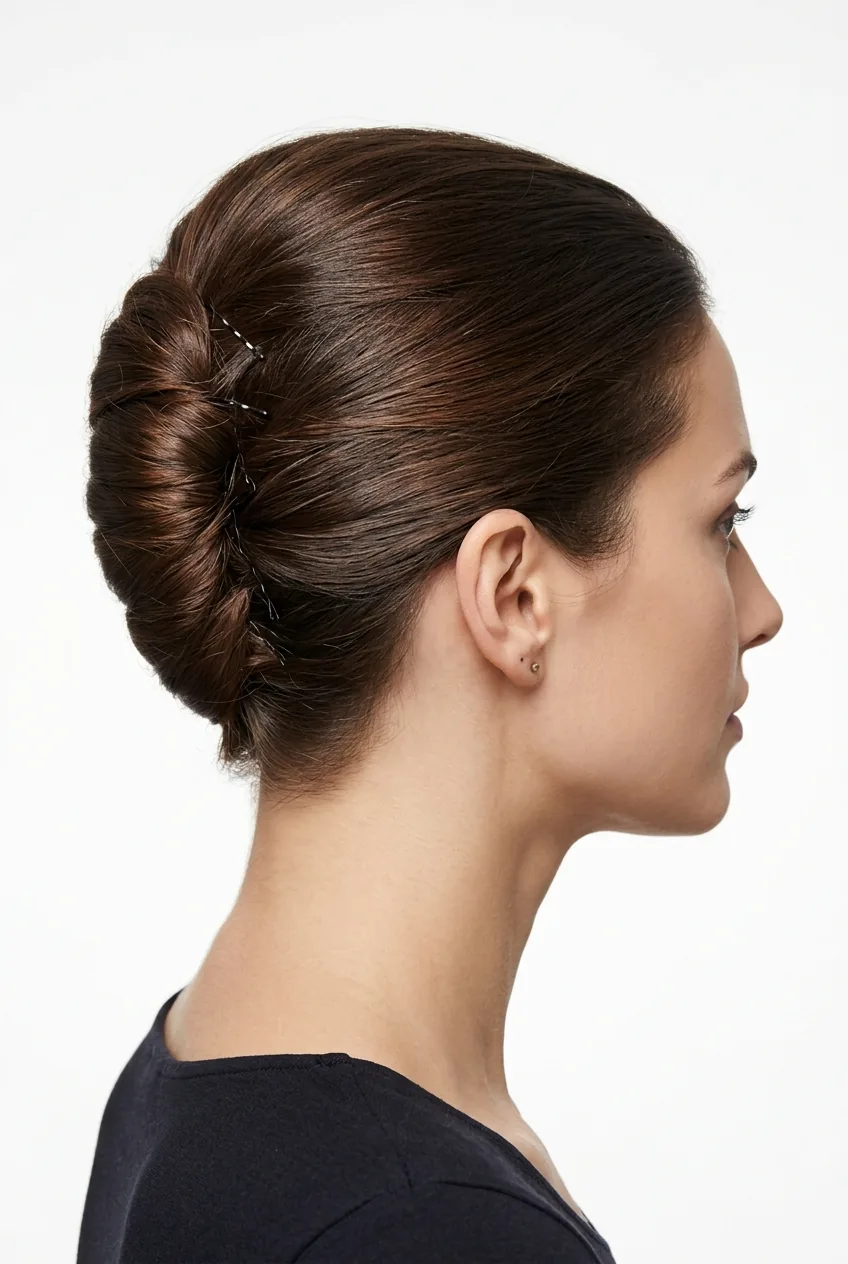 Side profile of woman with classic French twist updo showing polished rolled hair secured along back of head