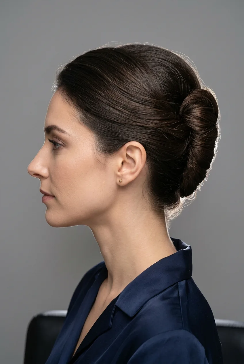 Woman displaying classic French twist with hair twisted vertically from nape