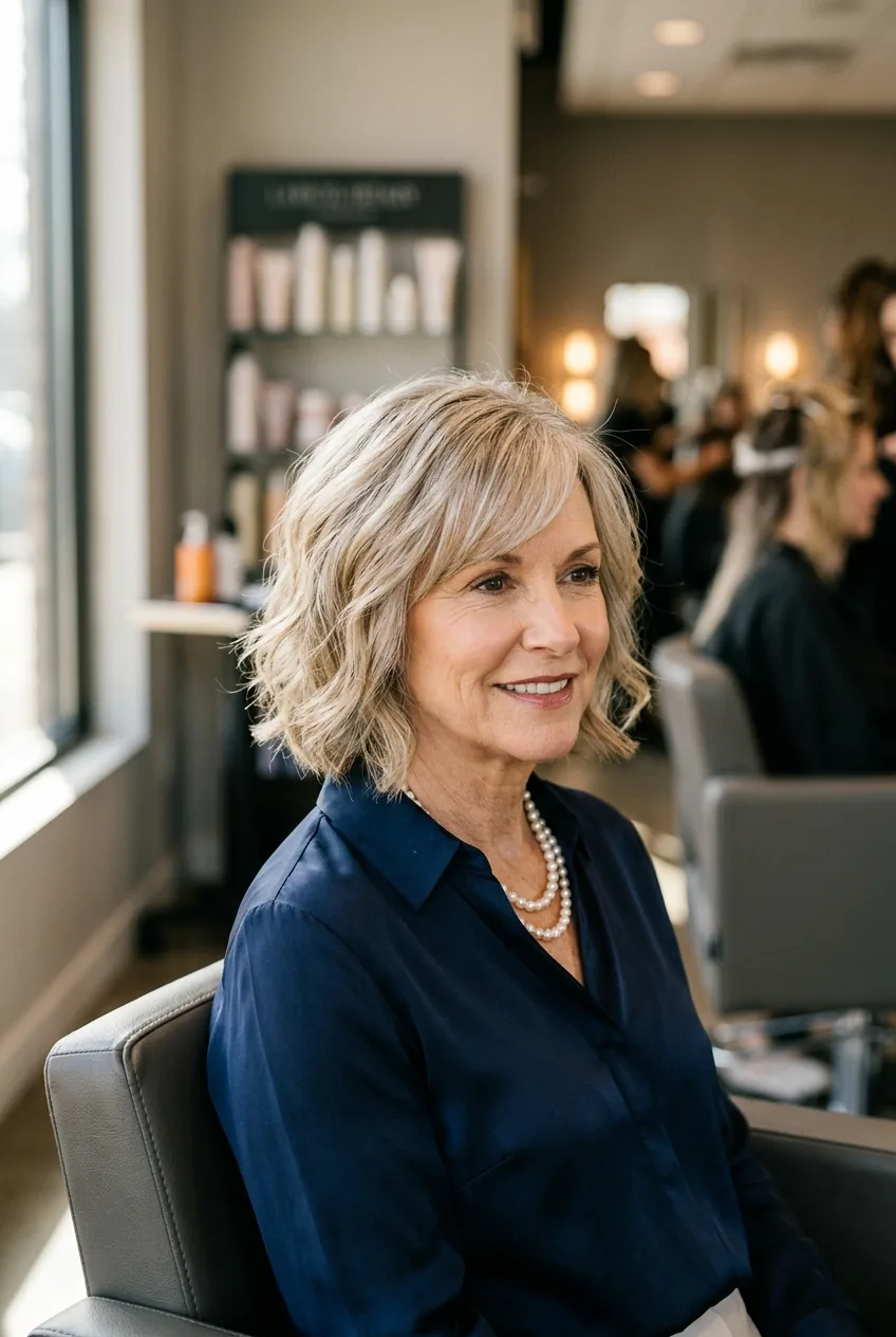 Mature woman with classic chin-length layered bob featuring soft waves and natural texture