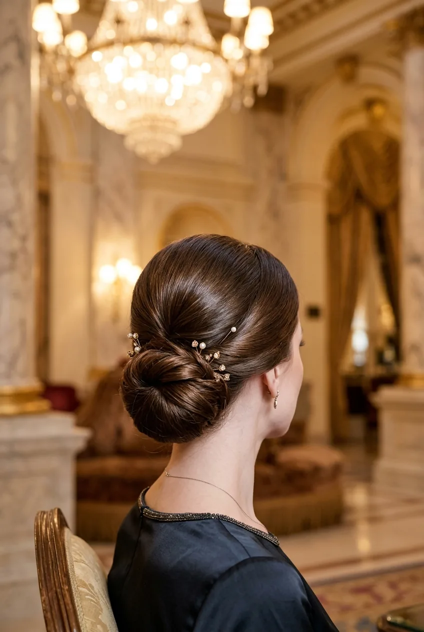 Classic low chignon hairstyle with smooth finish and subtle crown height in warm lighting