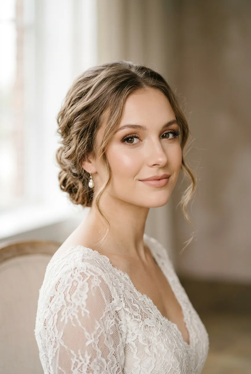 Woman with classic low chignon bridal hairstyle showing loose face-framing tendrils