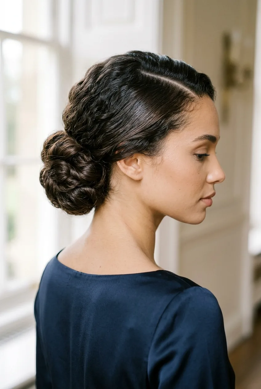 Classic low chignon with smooth curly texture and side part in soft lighting
