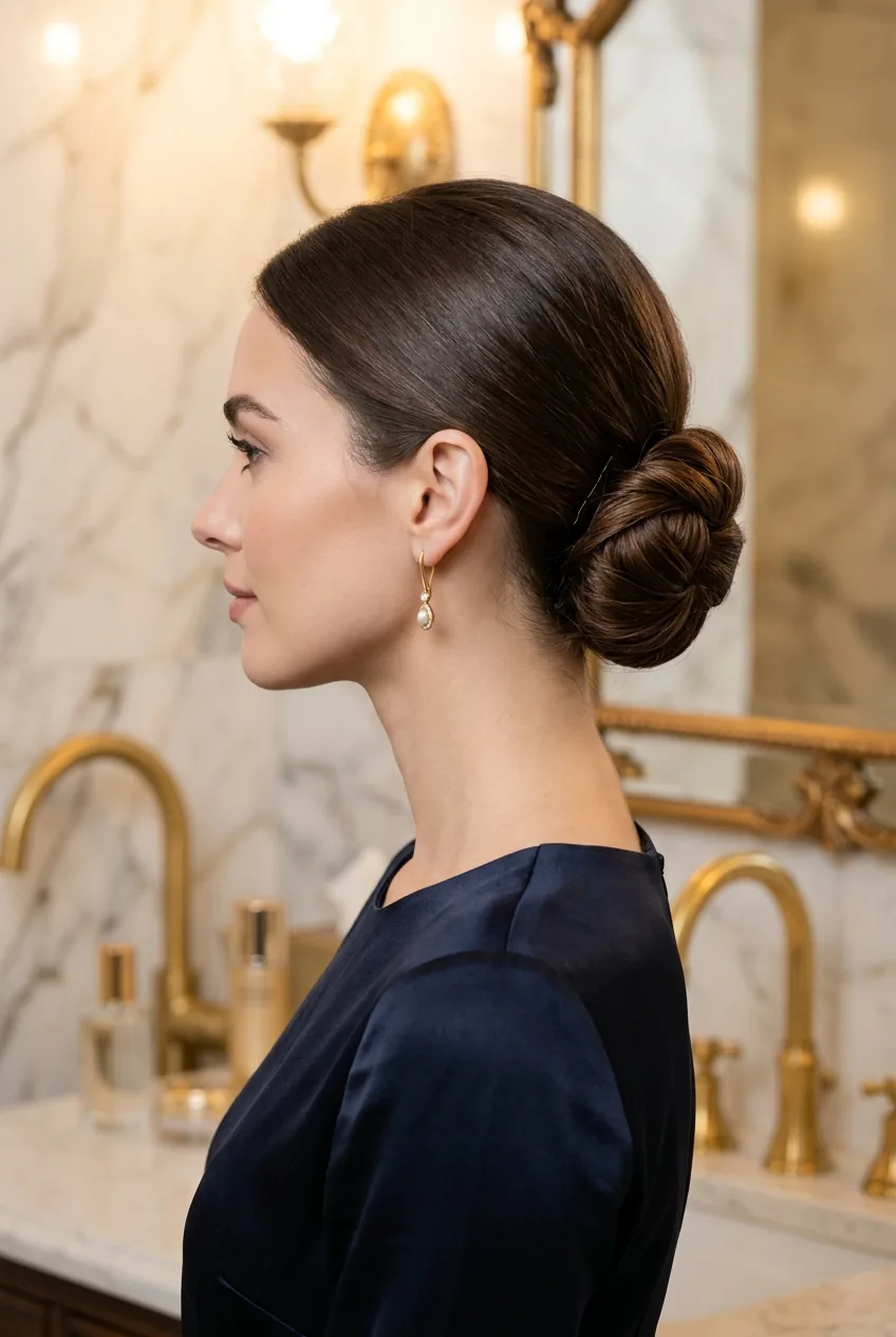 Side profile view of classic low chignon updo with twisted bun at nape of neck in marble bathroom