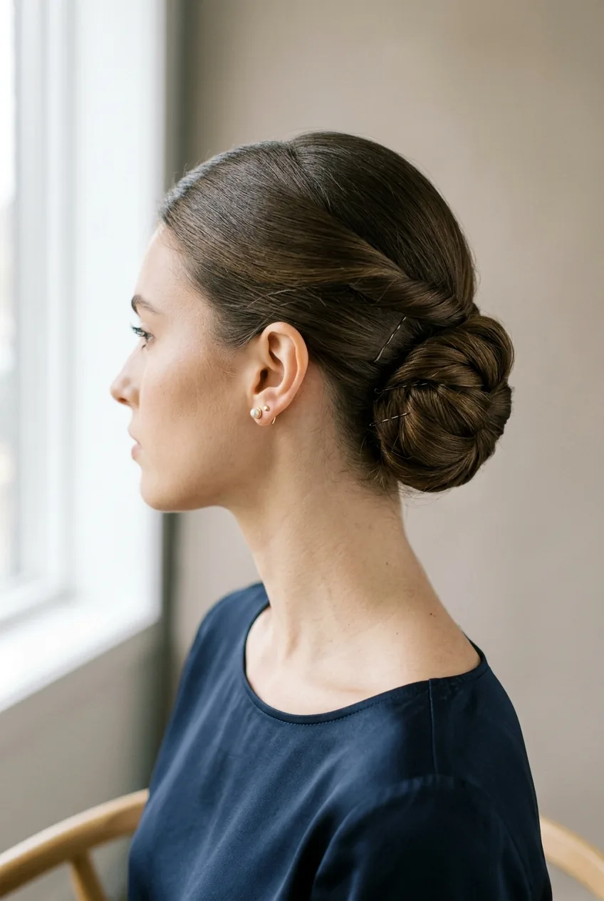 Side profile view of classic low chignon updo showing smooth twisted sections and elegant styling
