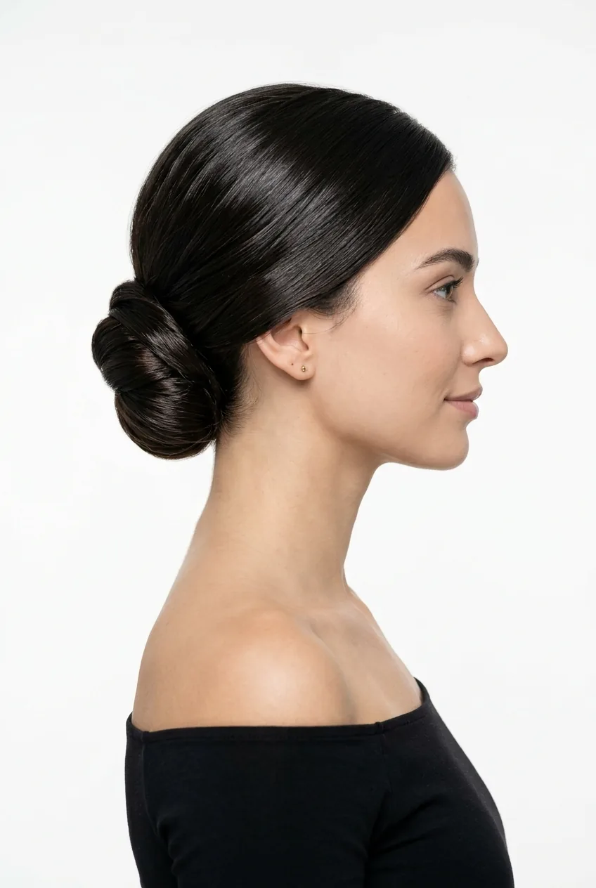 Woman with classic low chignon updo showing sleek formal styling at nape