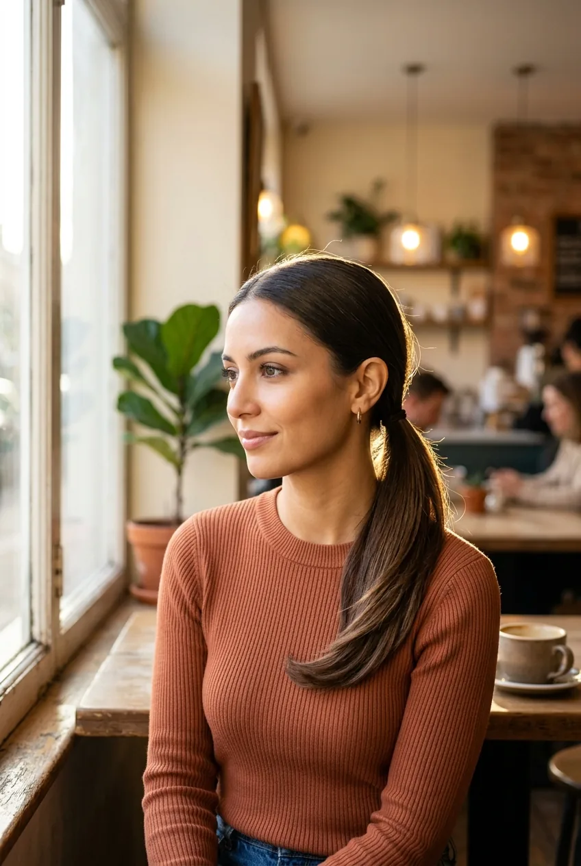Woman with sleek classic low ponytail in soft natural window light