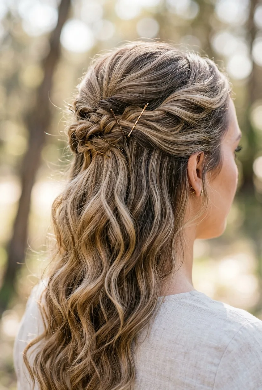 Close-up of romantic waves half-up hairstyle showing bobby pins and transition from pinned to flowing sections