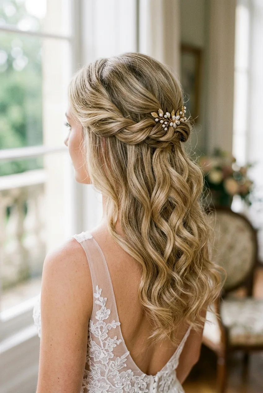 Classic twisted-back half up wedding hairstyle with gentle waves and romantic gathering detail