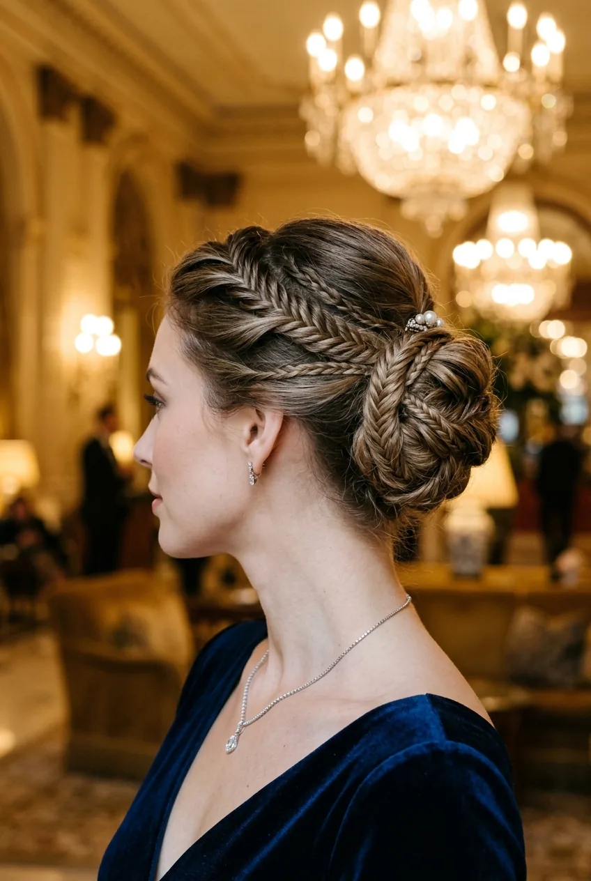 Classic updo enhanced with subtle braided elements woven throughout the style