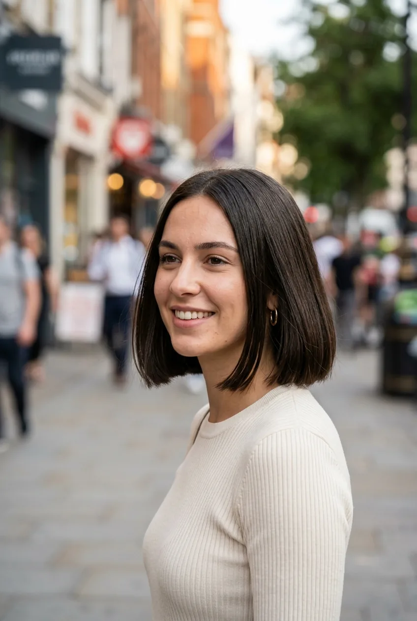 Woman with clean girl bob showing sleek blunt cut and minimalist styling
