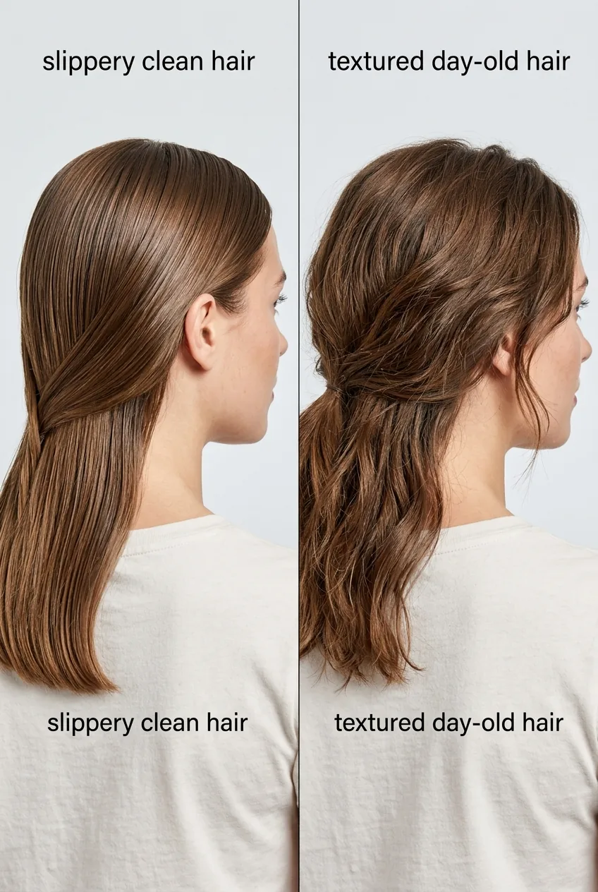 Split image comparison showing difference between slippery clean hair and textured day-old hair for styling