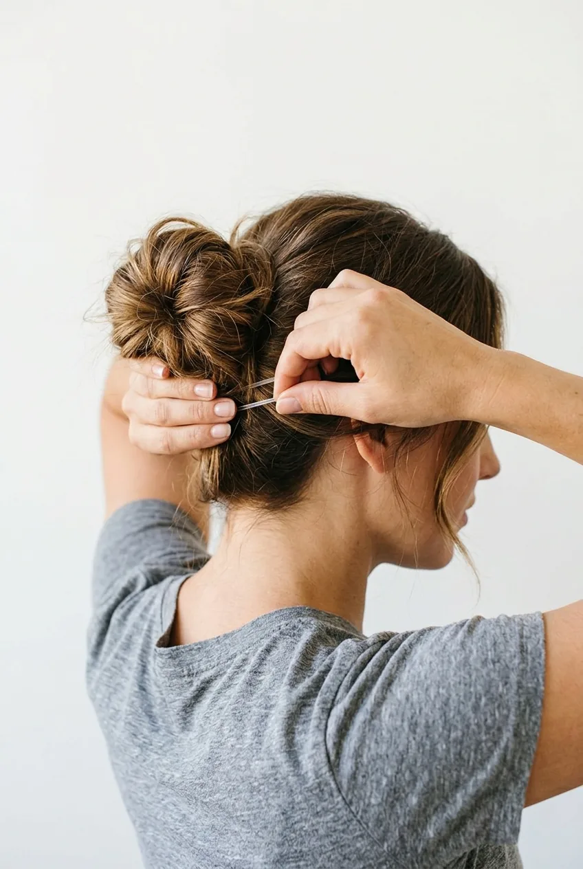 Clear elastic being used to secure messy bun at base during styling process