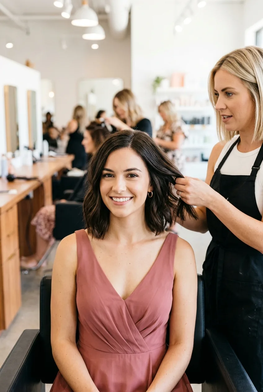 Bridesmaid showing collar bone length cut with stylist demonstrating the versatile length