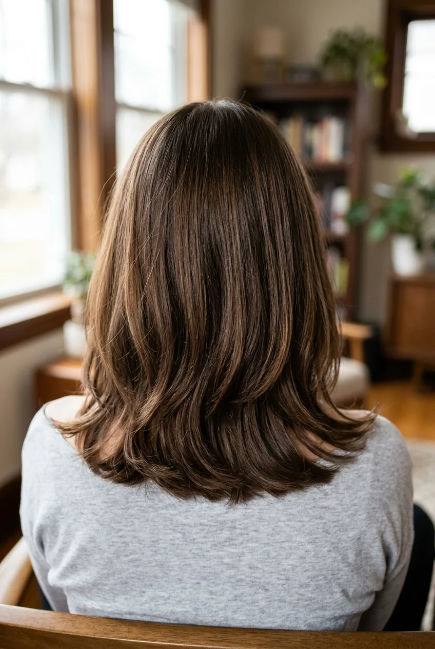 Back view of collarbone length hair showing how the cut hits at the collarbone with subtle layering