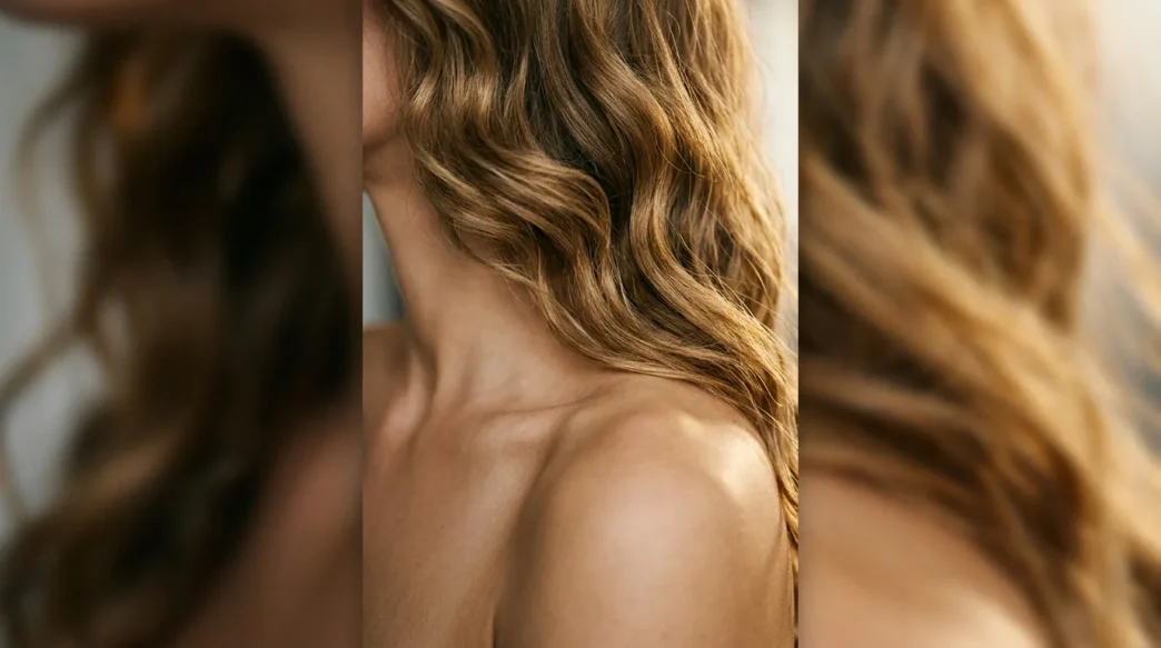 Collarbone length hair with golden waves cascading over bare shoulder showing natural movement and dimension
