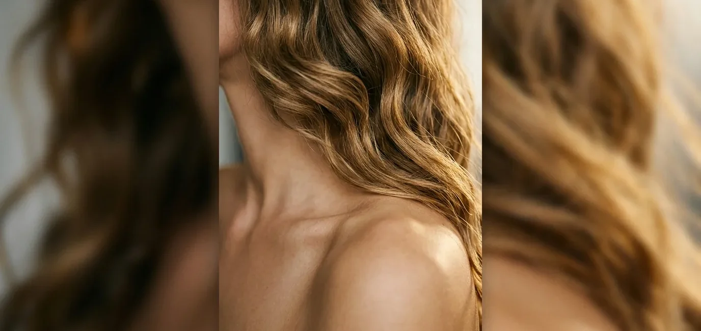 Collarbone length hair with golden waves cascading over bare shoulder showing natural movement and dimension