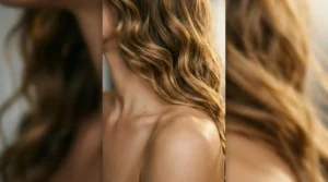 Collarbone length hair with golden waves cascading over bare shoulder showing natural movement and dimension