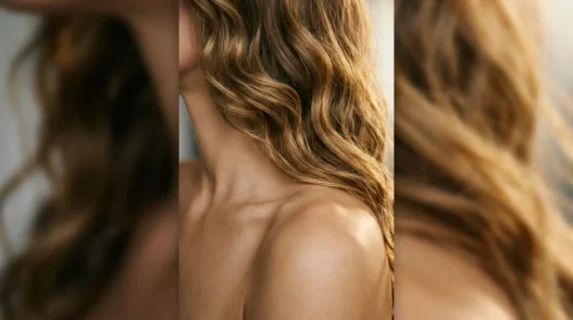 Collarbone length hair with golden waves cascading over bare shoulder showing natural movement and dimension