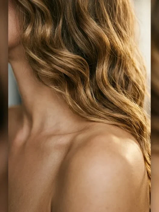 Collarbone length hair with golden waves cascading over bare shoulder showing natural movement and dimension