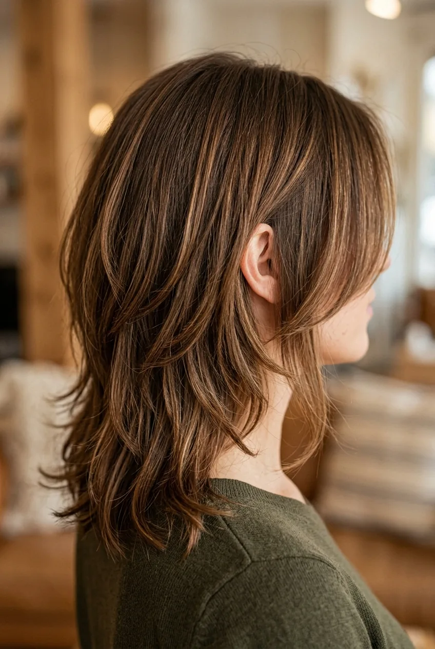 Side angle view showing collarbone-length layers and graduation technique in natural lighting
