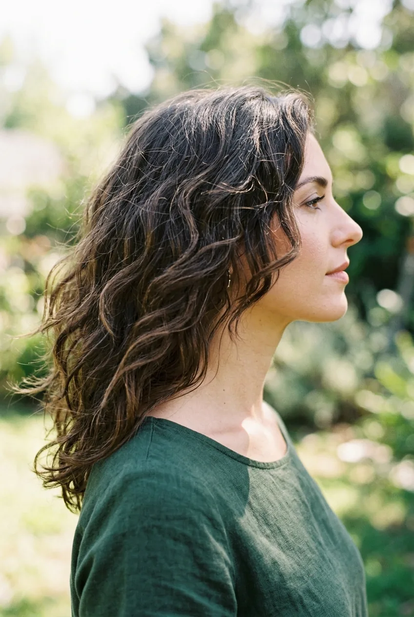 Side profile showing collarbone-length wavy hair with natural wave pattern and layers