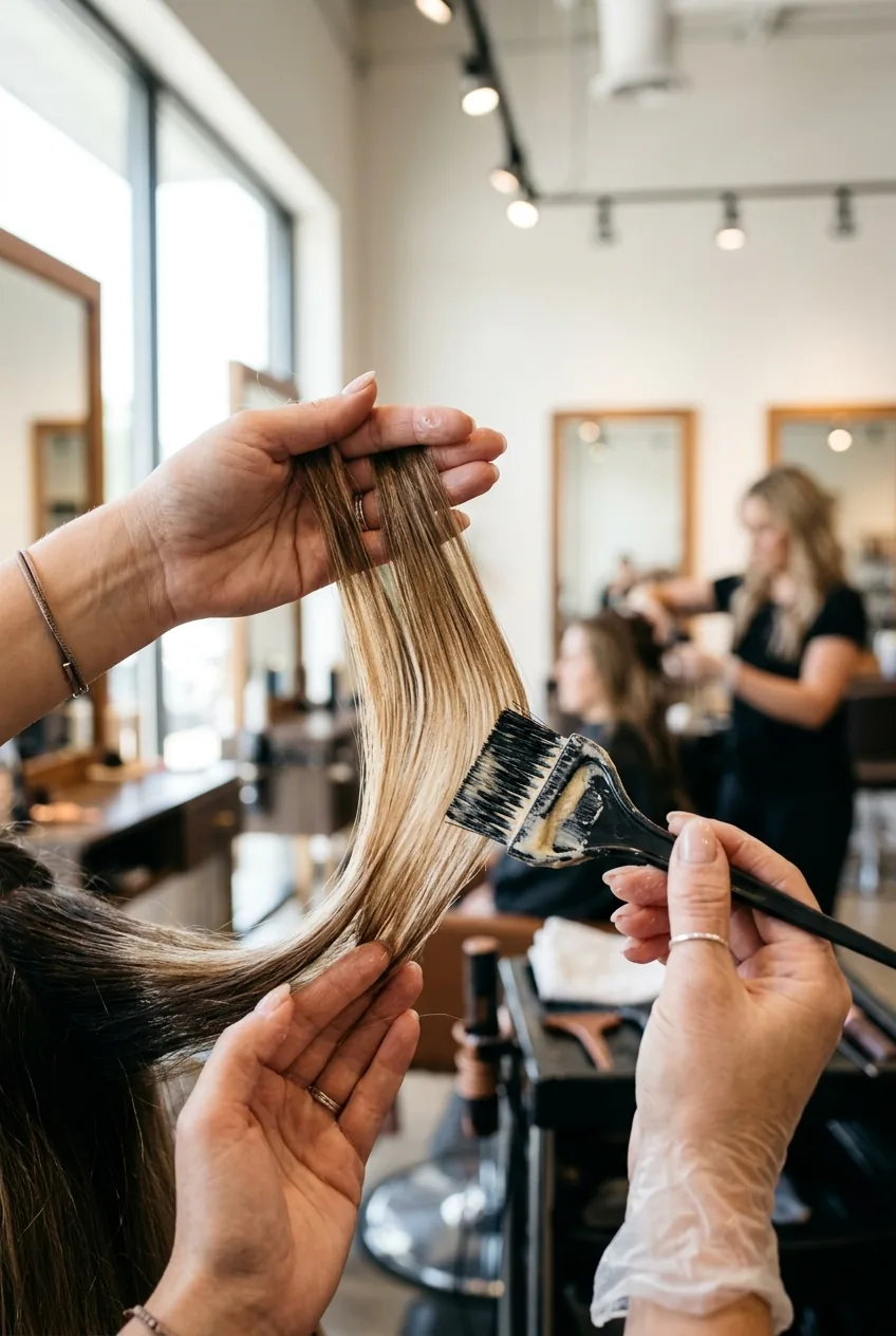 Close-up of balayage brush creating smooth color gradient showing blending technique on hair strand