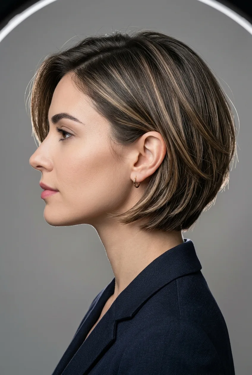 Woman with color-enhanced layered bob featuring strategic highlights on layered pieces