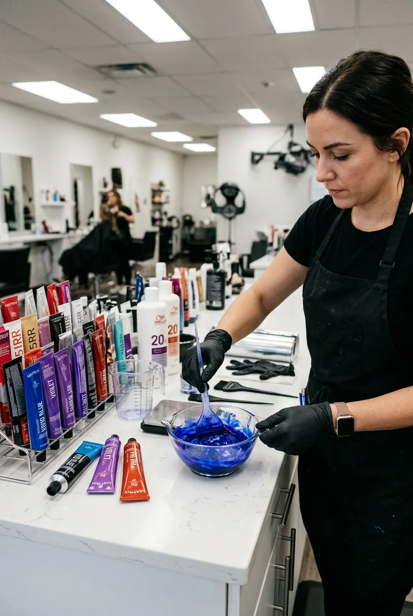 Hair colorist mixing vibrant dye in bowl with professional brushes and color tubes on counter