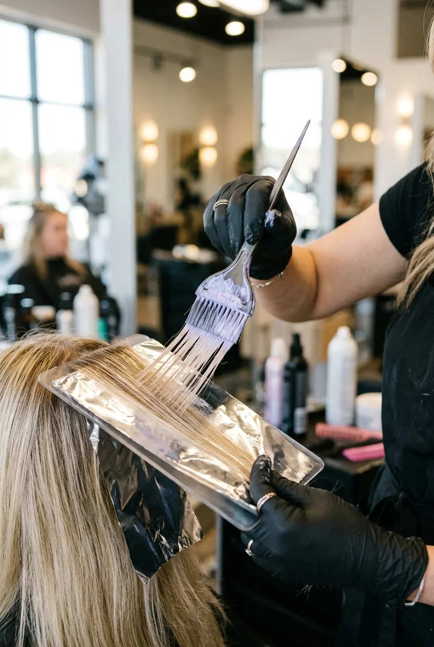 Close-up of gloved hands applying blonde color at 45-degree angle with purple-tinted brush
