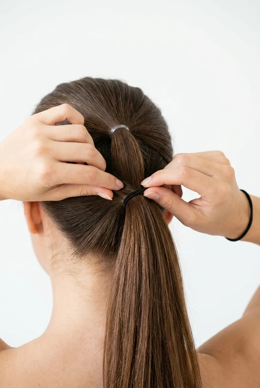 Hands combining upper and lower hair sections before securing with second elastic