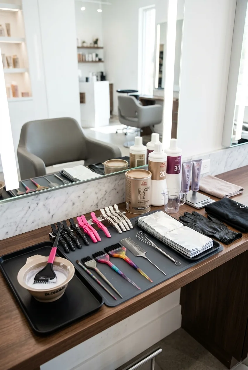 Professional balayage station with organized tools including brushes, foils, lightener and sectioning clips