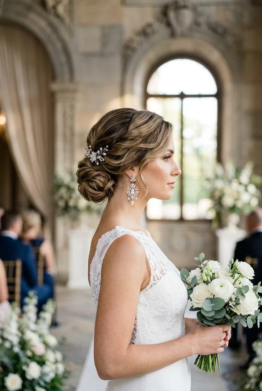 Complete side profile of finished medium-length wedding hairstyle with statement earrings