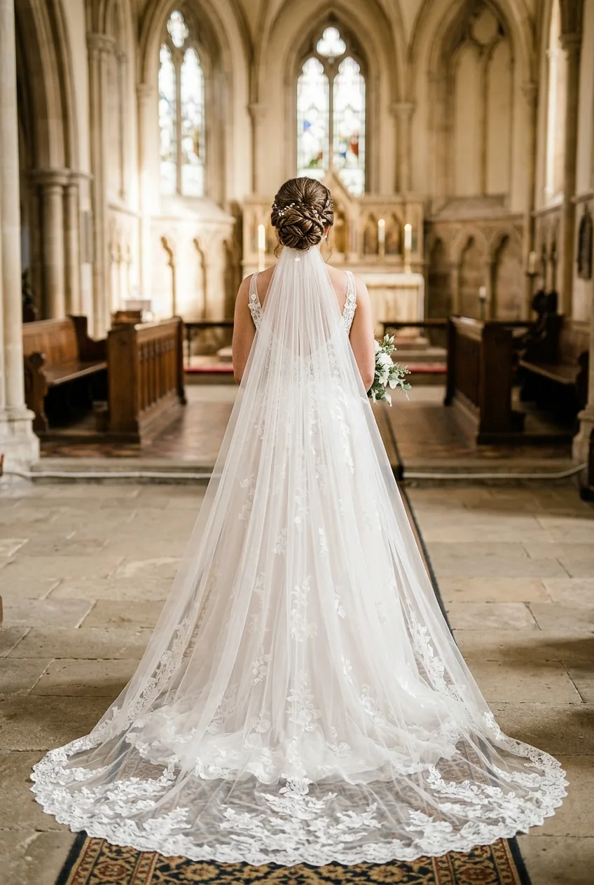 Complete bridal updo with full cathedral length veil draping from behind