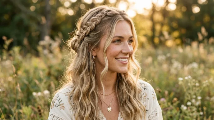 Woman with completed braided half up boho hairstyle featuring side braids and loose waves in golden lighting