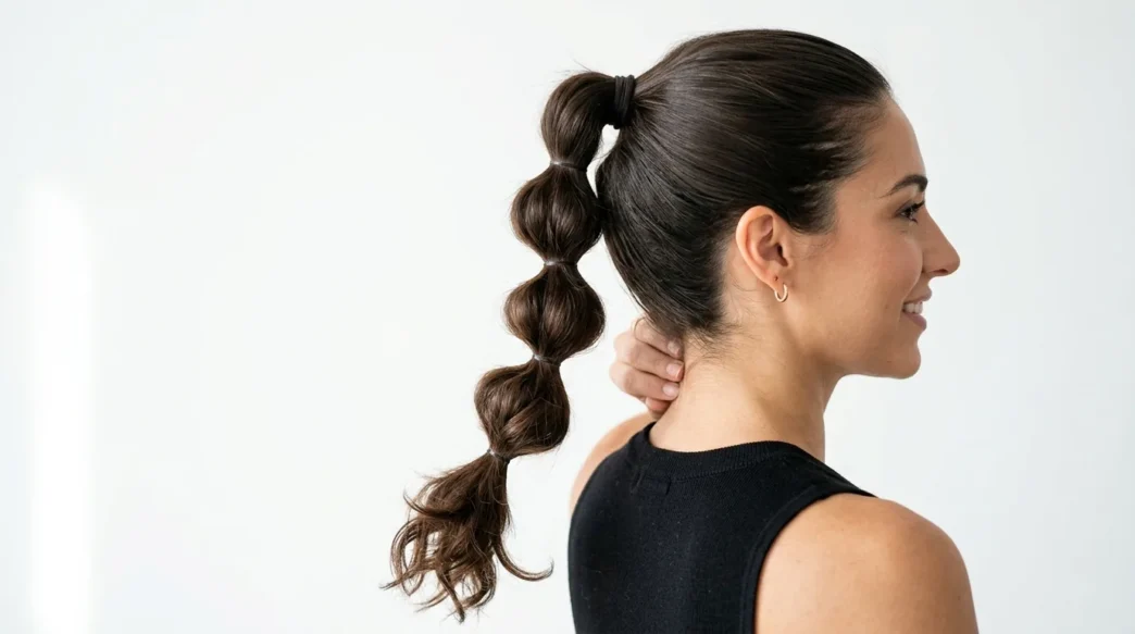 Woman with completed bubble ponytail showing multiple defined sections in side profile view
