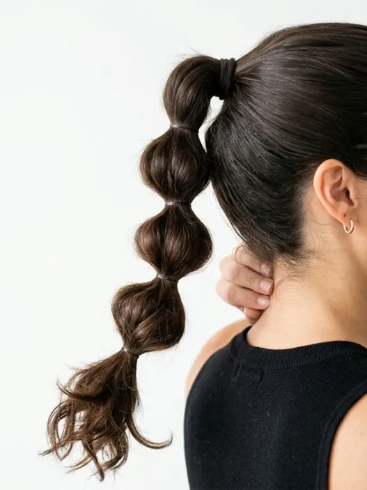Woman with completed bubble ponytail showing multiple defined sections in side profile view
