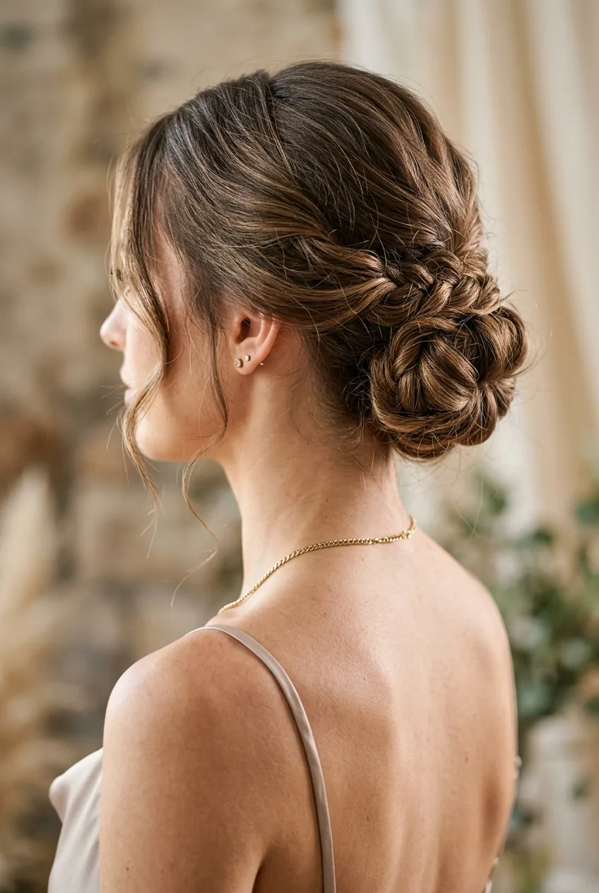 Completed low chignon with soft loops and texture viewed from three-quarter back angle with elegant neckline